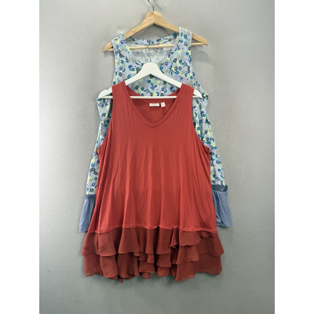 LOGO Lori Goldstein Tank Tops XL Floral Ruffle Hem Coral Layered Lot of 2